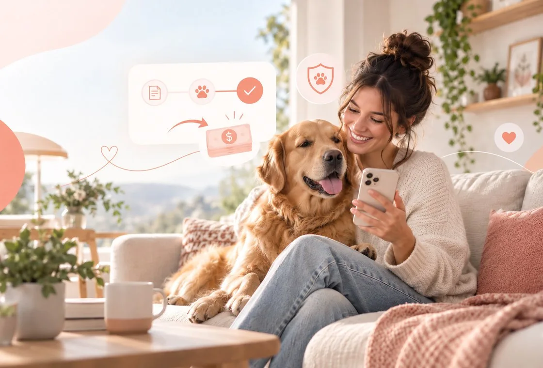 Owner using a phone while sitting beside a golden-colored dog on a sofa